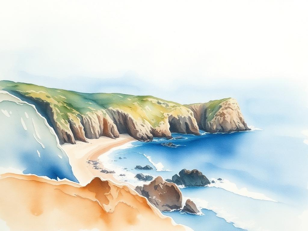 Coastline — watercolour painting of cliffs and turquoise sea, 40 × 30 cm, 2024