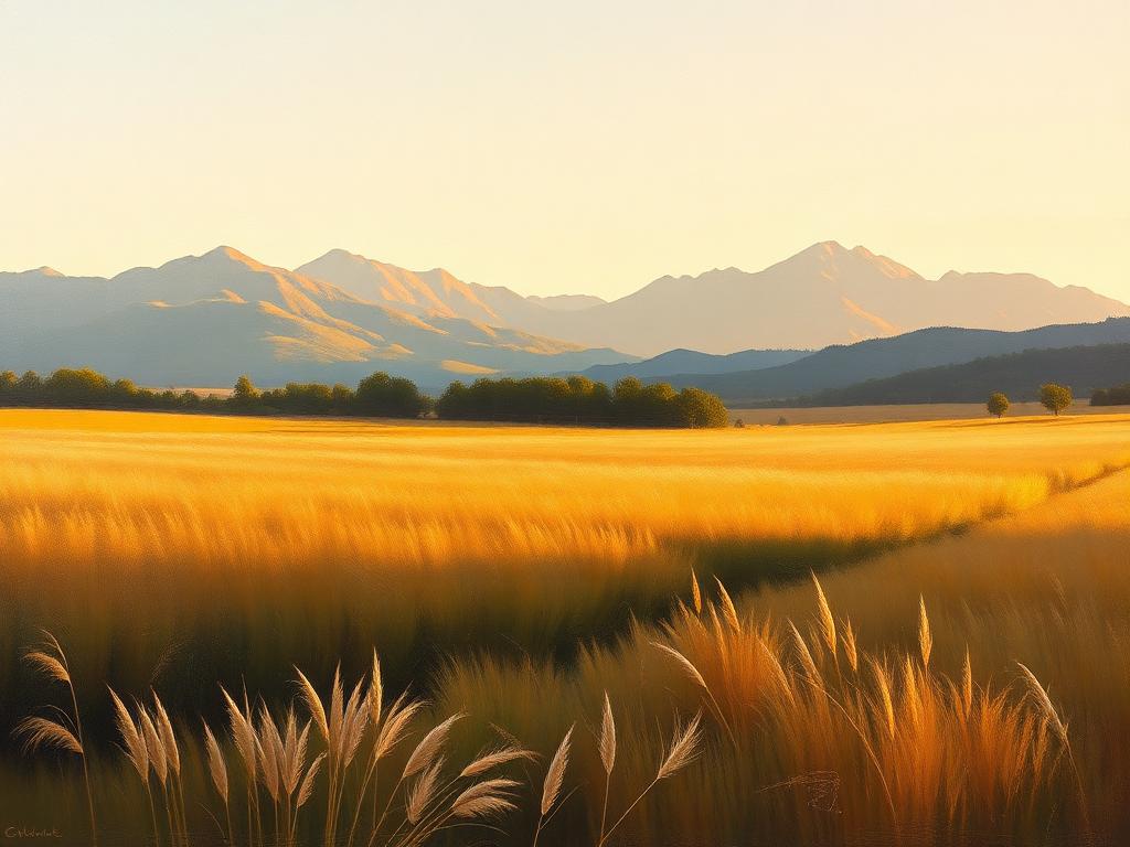 Field Study I — oil on linen painting of golden grassland and distant mountains, 120 × 90 cm, 2025