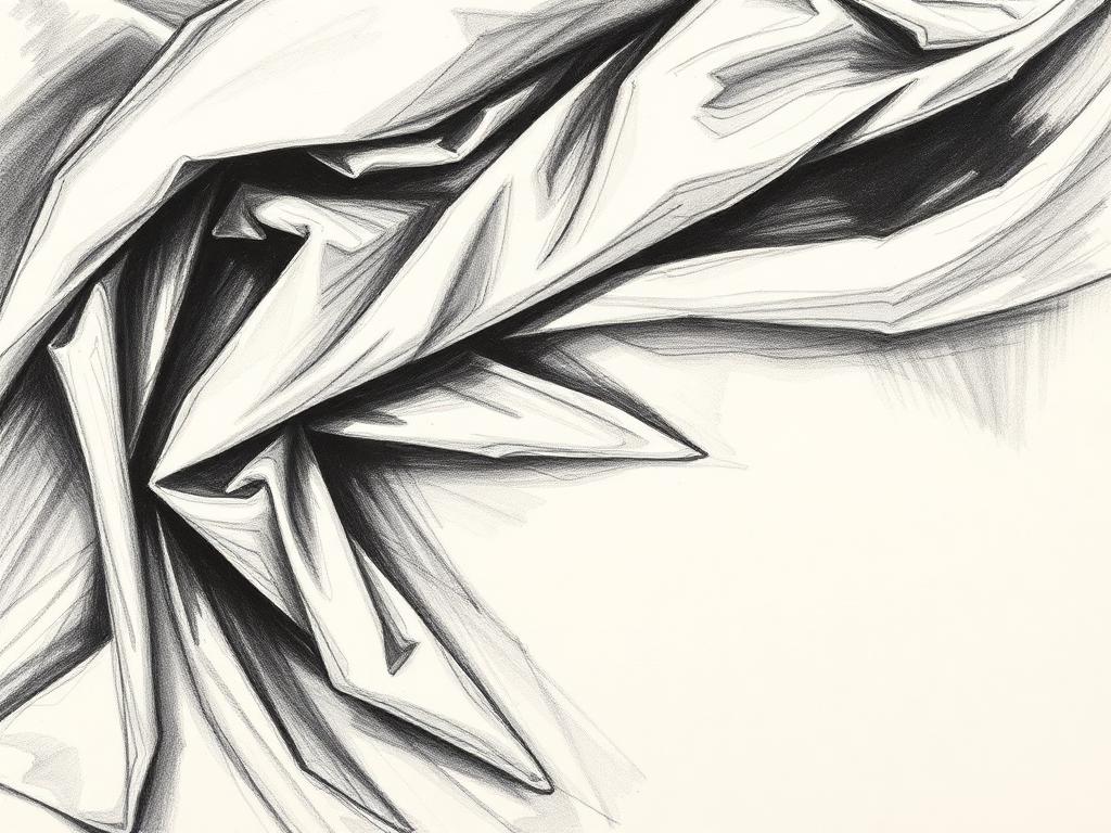 Untitled (Folds) — charcoal drawing of abstract fabric folds on cream paper, 76 × 56 cm, 2025