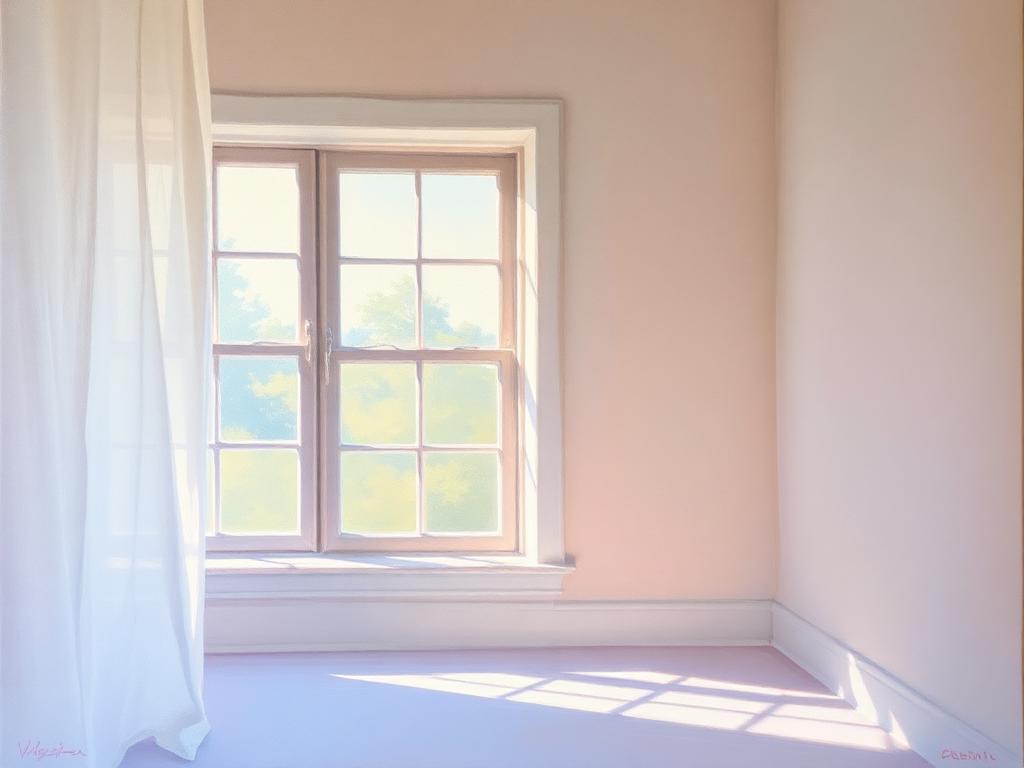 Quiet Hour — oil on canvas interior with morning light through a window, 100 × 80 cm, 2024